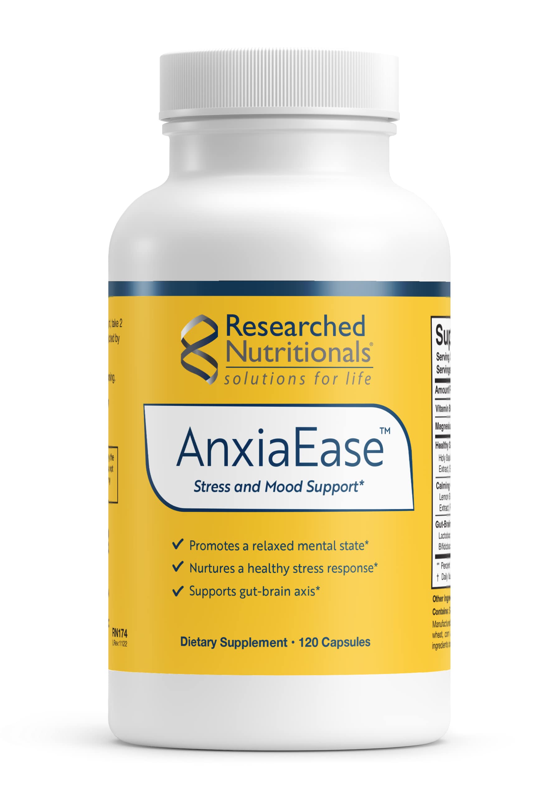 Researched Nutritionals AnxiaEase - Stress, Cortisol Management & Mood Support Supplement - Botanicals, Vitamin B6, Magnesium & 'Psychobiotic' Probiotic Strains (120 Capsules) Researched Nutritionals Au supplements