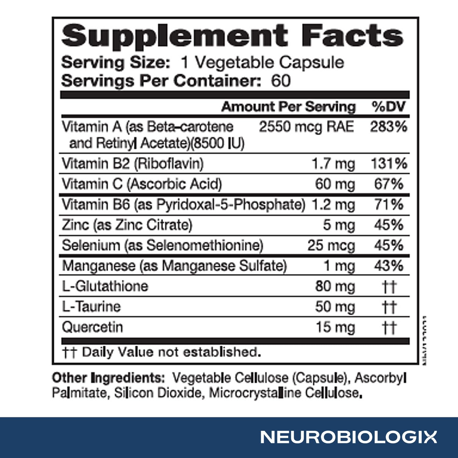 Neurobiologix Glutathione Ultra, L-Glutathione Antioxidant Complex with Vitamin C, A, B2, B6, Zinc, Selenium, Manganese, Taurine & Quercetin for Cellular Health, Gluten Free, 60 Vegetarian Capsules Neurobiologix Au supplements