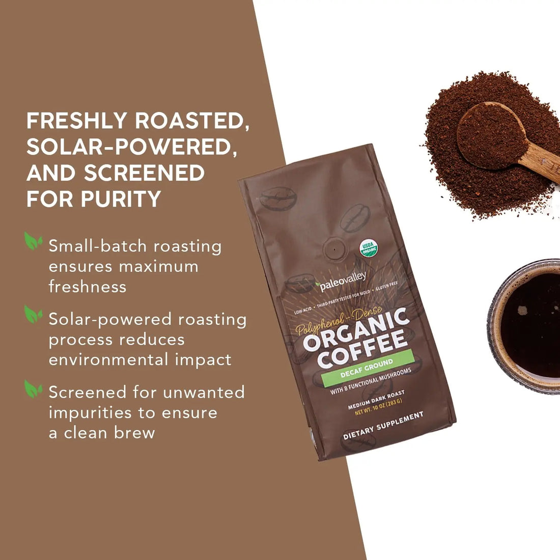 Paleovalley Organic Ground Coffee, 10oz - Decaf, Low Acid, Single-Origin, Polyphenol-Rich, Infused with Mushrooms Paleovalley Au supplements