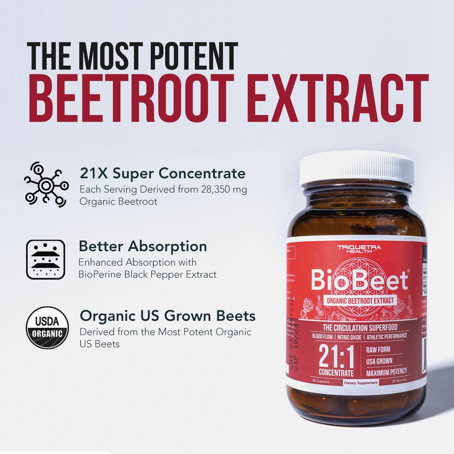 BioBeet Max Strength Beet Root Capsules - 21:1 Concentrate, Each Serving Derived from 28,350 mg Triquetra Health Au supplements
