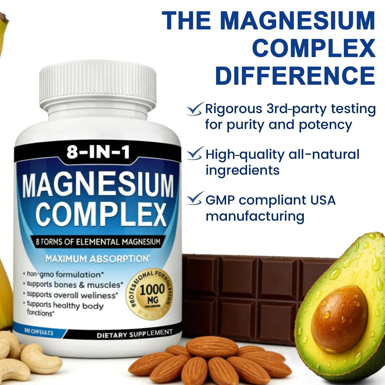 Magnesium Complex Supplement 8-in-1 Elemental 1000mg, Magnesium Glycinate, Malate & Citrate, Vegan, Non-GMO 90 Capsules MIRACLE OFFICIAL Au supplements