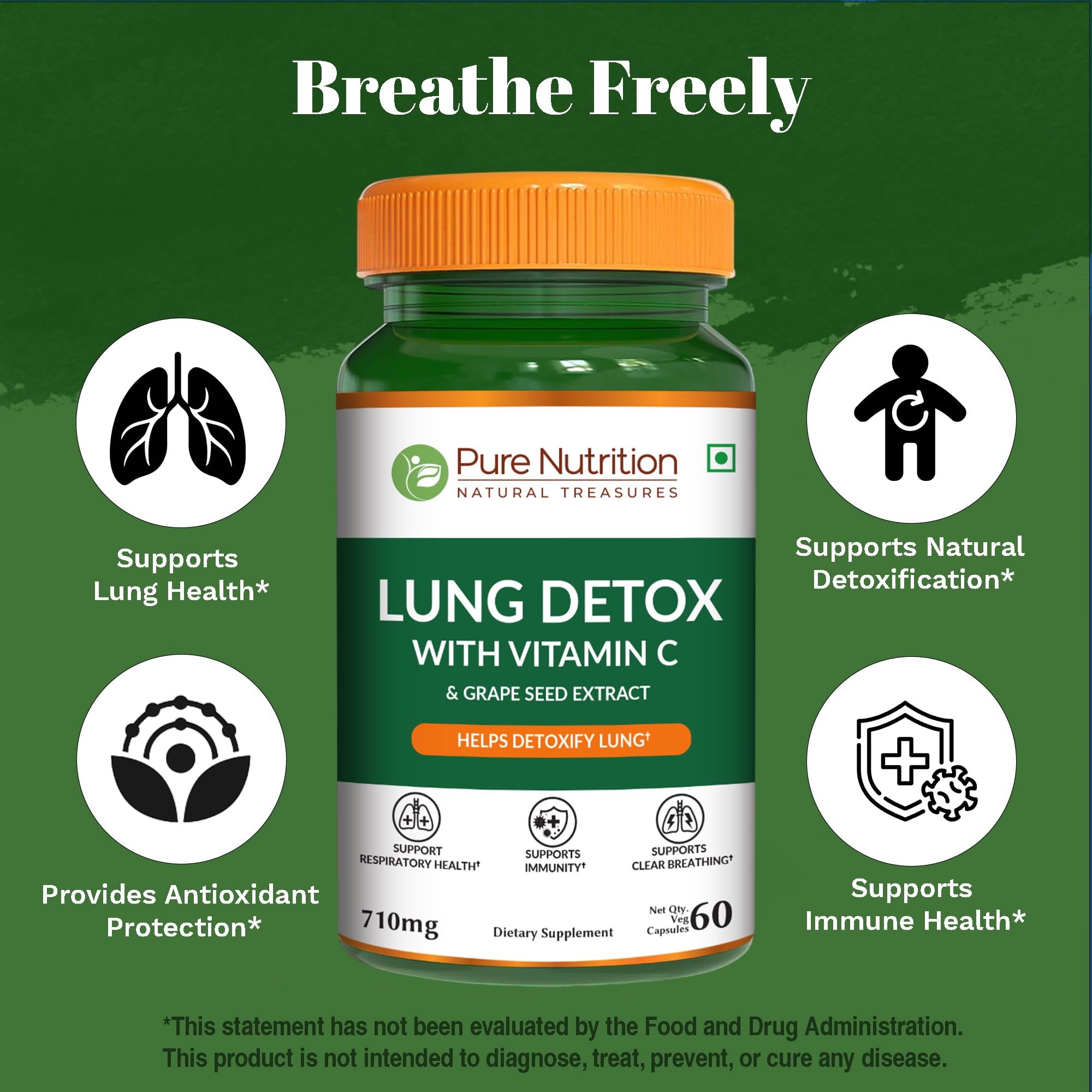 Pure Nutrition Lung Health Supplement | 60 Caps | Herbal Lung Support Formula with Quercetin, Vitamin C, Nettle, Vasaka Leaf, Lotus, Licorice & Ginger. PURE NUTRITION NATURAL TREASURES Au supplements