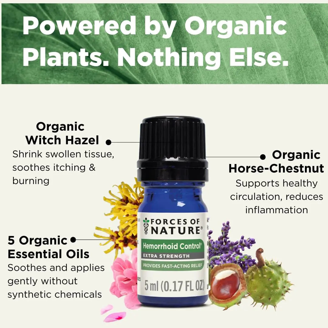 Forces of Nature Hemorrhoid Control Extra Strength, Organic Homeopathic Medicine with Witch Hazel, Horse Chestnut, and Soothing Essential Oils for Itching, Swelling & Discomfort, 5ml (0.17 fl oz) Forces of Nature Au supplements