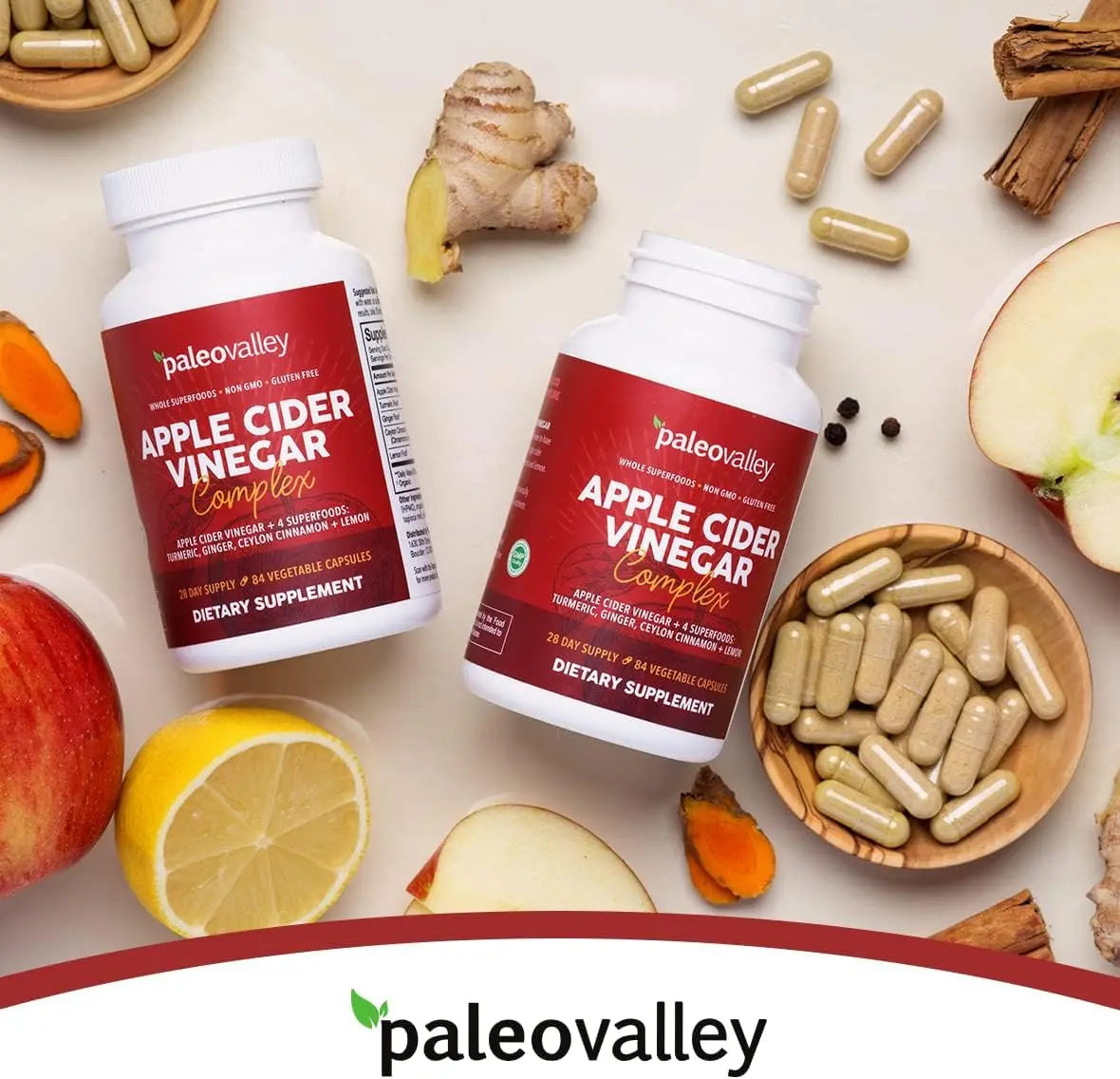 Paleovalley Apple Cider Vinegar Complex with Superfoods - Turmeric, Ginger, Ceylon Cinnamon and Lemon - 84 Vegetable Capsules Paleovalley Au supplements