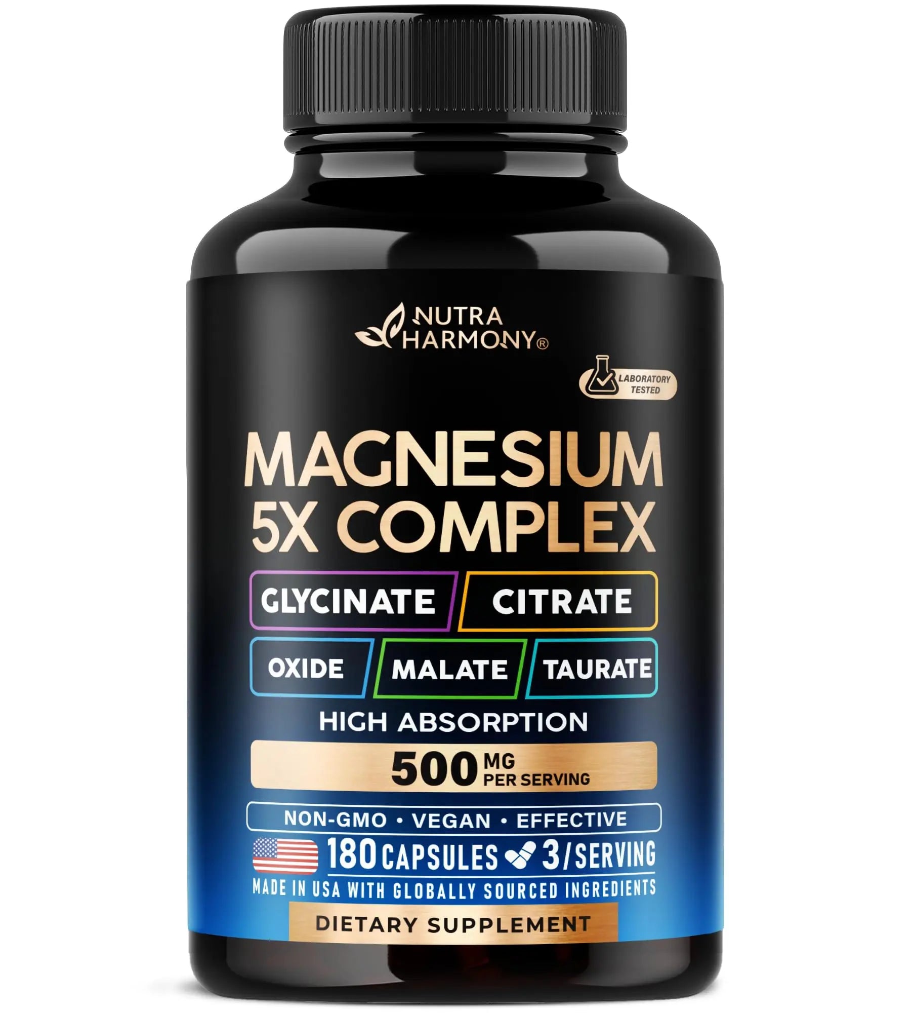 Magnesium Supplement - 5 in 1 Complex | Glycinate | Citrate | Malate | Taurate | Oxide - Made in USA - Stress, Muscle & Heart Support - Vegan, Natural, Non-GMO - 180 Capsules, 2 Month Supply NUTRAHARMONY Au supplements