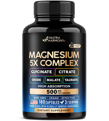 Magnesium Supplement - 5 in 1 Complex | Glycinate | Citrate | Malate | Taurate | Oxide - Made in USA - Stress, Muscle & Heart Support - Vegan, Natural, Non-GMO - 180 Capsules, 2 Month Supply NUTRAHARMONY Au supplements