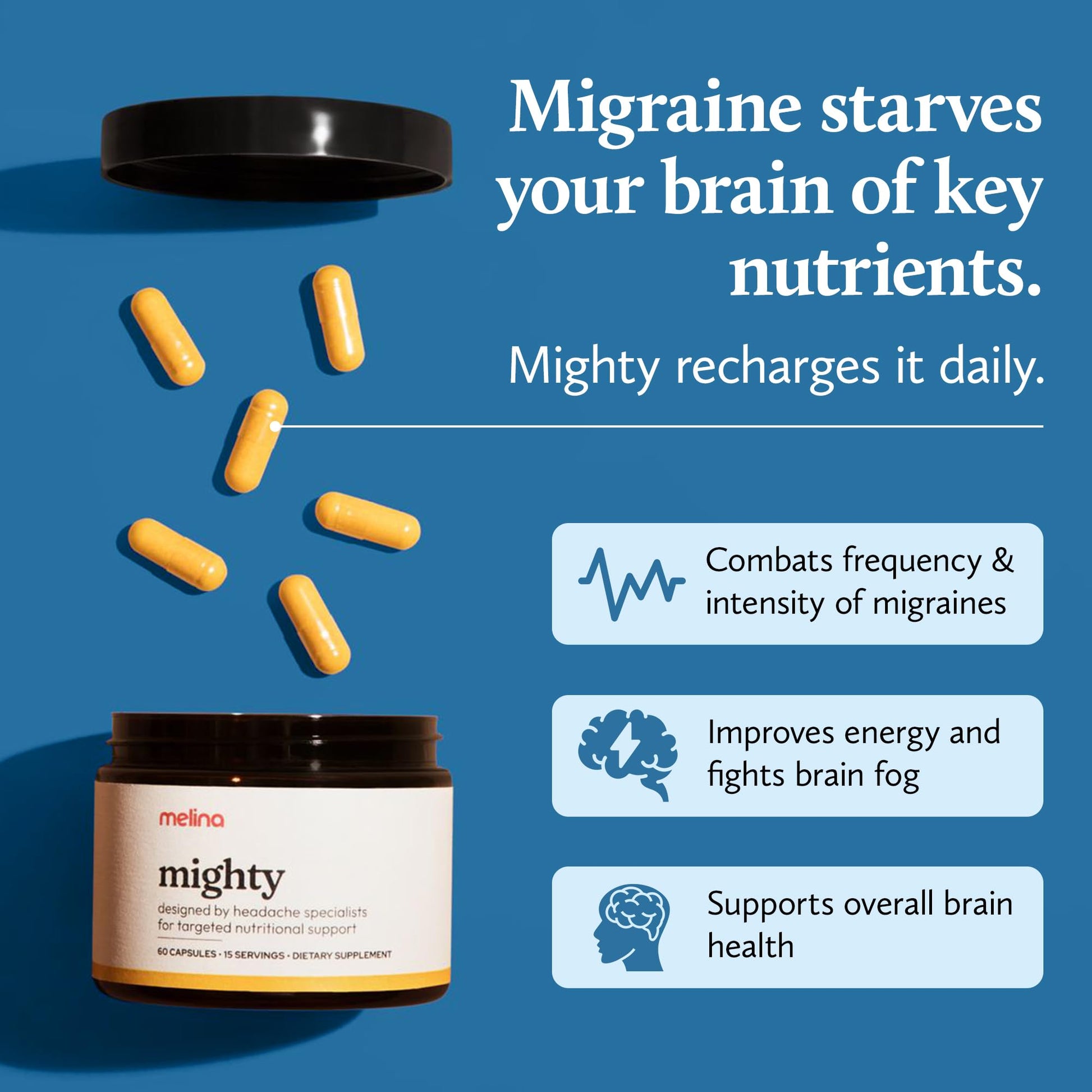 Melina Mighty Natural Migraine Relief Supplement - Magnesium, B2 Riboflavin 400mg, Feverfew, CoQ-10, ALCAR to Strengthen Migraine and Headache Prevention - 15 Servings (60 Caps) Melina Au supplements