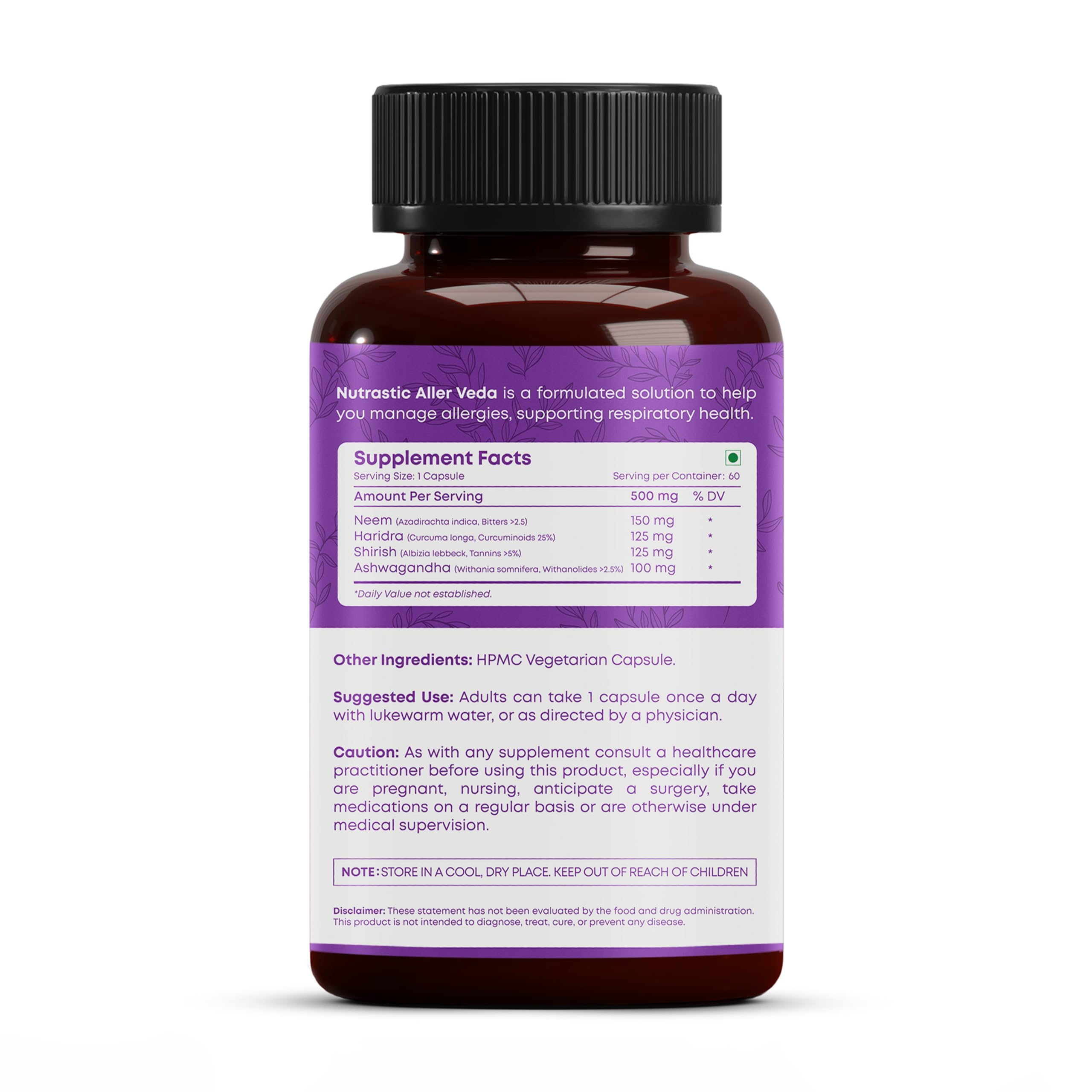 Nutrastic Aller Veda Respiratory Wellness Supplement with Pure Tulsi, Amla, Turmeric, and Neem | Natural Support for Healthy Breathing | 60 Caps Nutrastic Au supplements