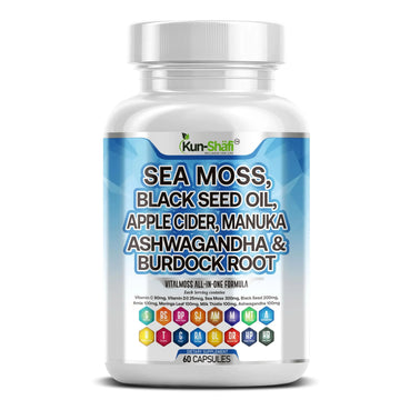 Kun Shafi Sea Moss Complex – with Black Seed Oil, Shilajit, Amla, Moringa, Turmeric, Ashwagandha & Burdock – Enriched with Vitamin C, D3, Chlorophyll, Manuka & Ginger – 60 Capsules Kun Shafi Au supplements