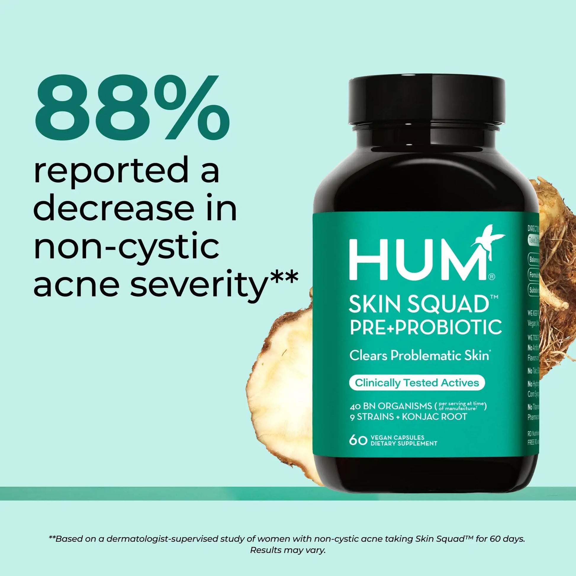 HUM Skin Squad Probiotics for Women and Men, Skin Care Supplement for Clear Complexion & Gut Health Support, Microbiome Prebiotic & Probiotic Supplement for Breakouts, Digestive Health, 60 Capsules HUM Au supplements
