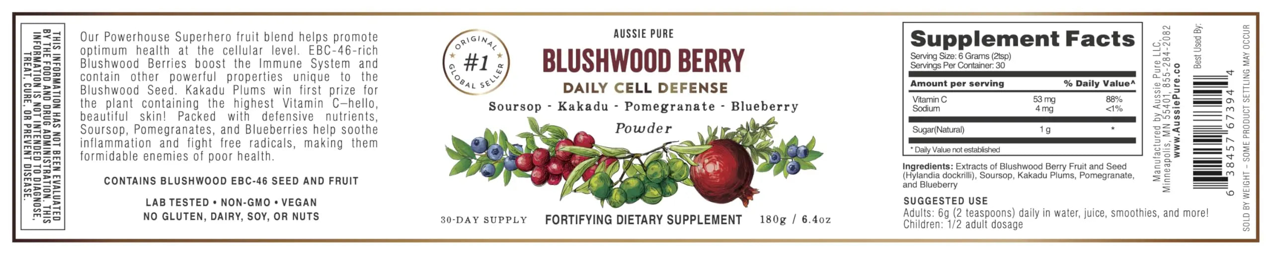 Aussie Pure Blushwood Berry Superfruit Daily Cell Defense - Soursop - Kakadu Plum - Pomegranate - Blueberry - Immune and Cell Support Powder - All Ages - Lab Tested and Authenticated - 180g/6.4oz Aussie Pure Au supplements