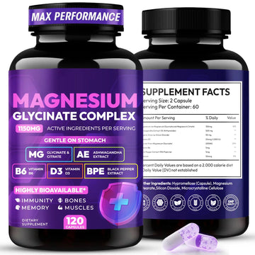 Magnesium Glycinate Complex 1150mg - Gentle on Stomach High Absorption Magnesium Capsules with Citrate, Silica, Ashwagandha & Vitamin B6 for Zzz, Stress Relief, Muscle Support for Adults, Women & Men Cytona Au supplements