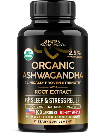 Ashwagandha Supplements 1800mg - USDA Organic Ashwagandha for Women & Men - Clinically Effective Strength for Stress Relief & Sleep - Powder & Root Extract 2.5% Withanolides - Made in USA 100 Capsules NUTRAHARMONY Au supplements