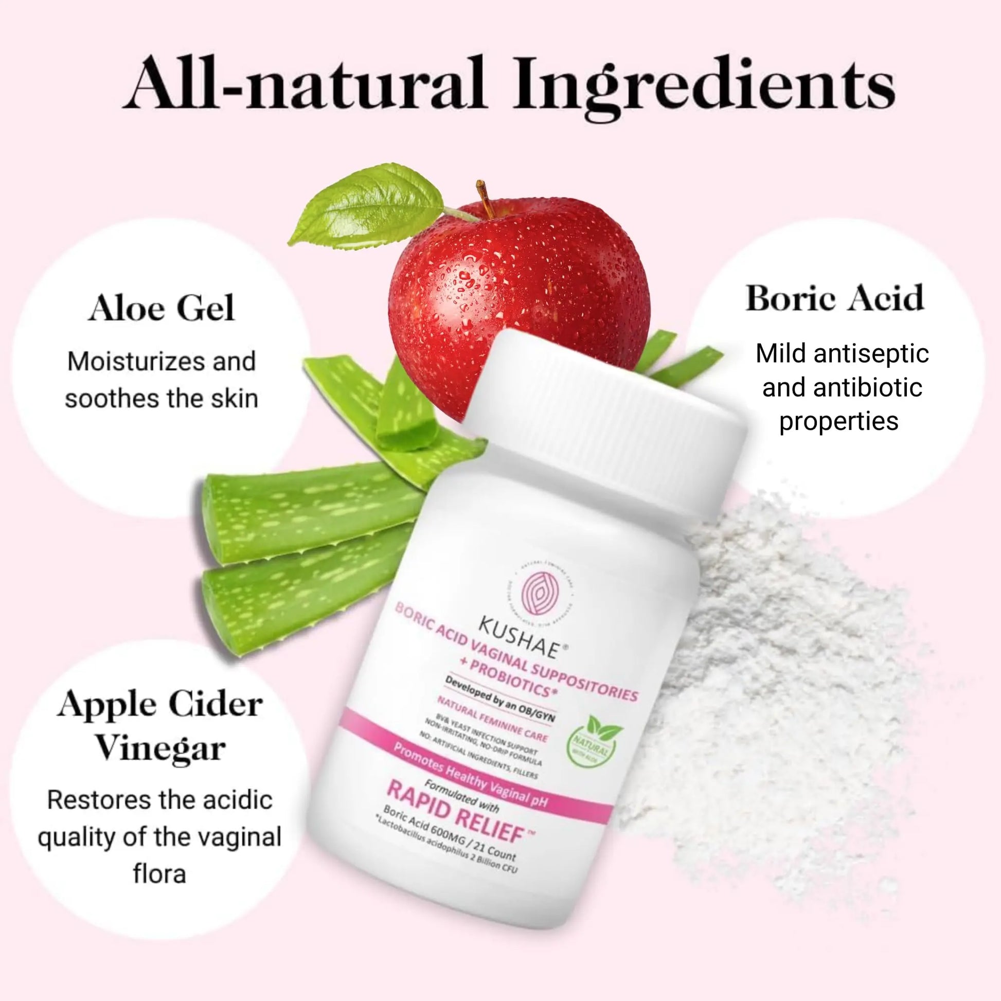 Kushae Boric Acid Suppositories + Rapid Relief, All Natural Female Suppositories with Probiotics & Aloe Vera, Relieves Discomfort & Balances pH Level Bottle Only 21 Capsules Kushae Au supplements