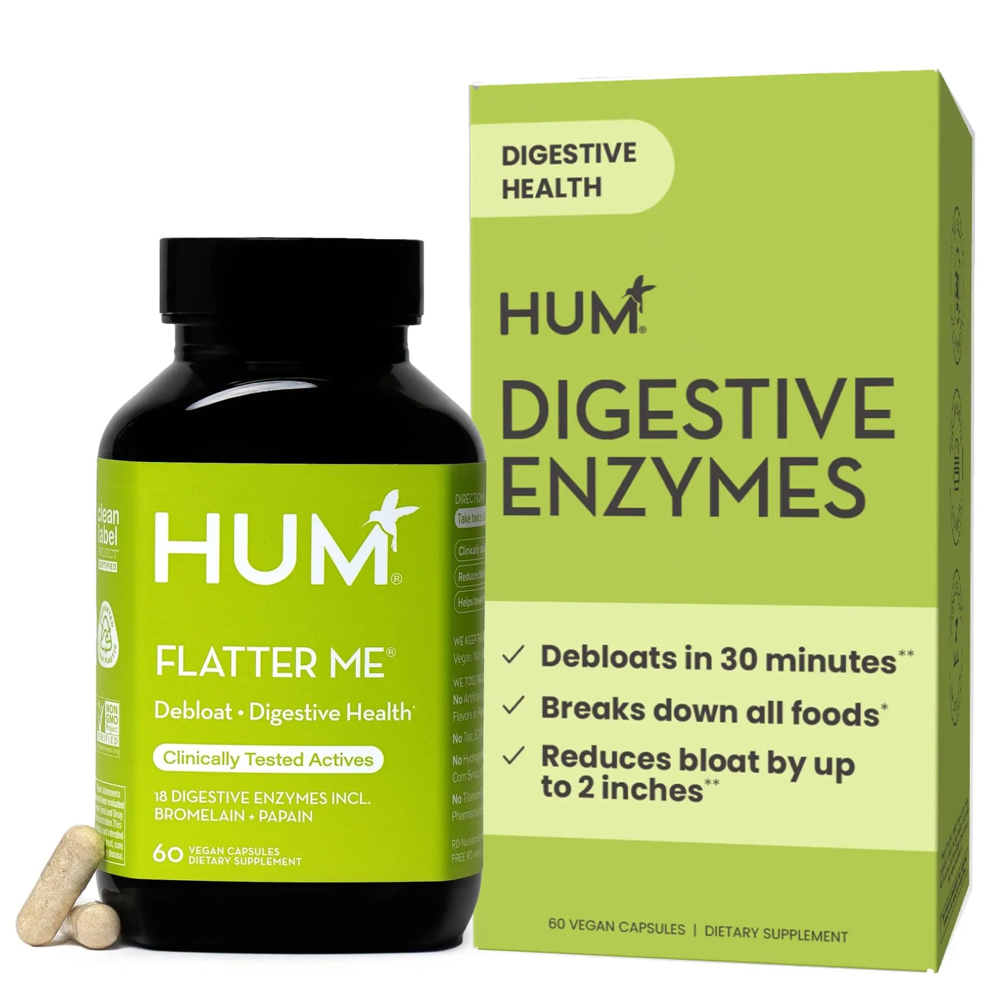 HUM Flatter Me Digestive Enzymes for Women & Men, Digestive Health Bloating Supplement with Ginger & Peppermint Leaf, Fast Acting Anti Bloat Pills Multi Enzyme for Debloating, Vegan, 60 Capsules HUM Au supplements