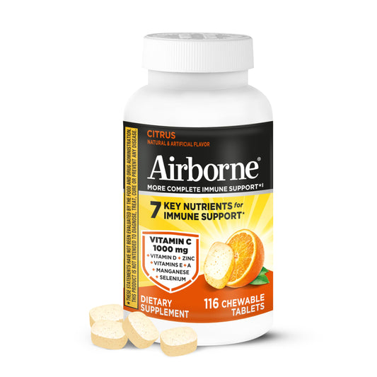 Airborne Vitamin C 1000mg (per Serving) - Citrus Chewable Tablets (116 Count in a Bottle), Gluten-Free Immune Support Supplement, with Vitamins A C E, Zinc, Selenium AirborneUS supplements
