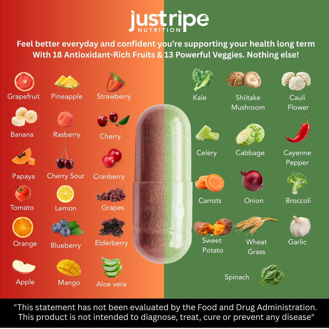 Fruits and Veggies Supplement - 90 Fruit and 90 Vegetable Capsules - 100% Whole Natural Superfood - Filled with Super Greens Vitamins and Minerals - Supports Balance Energy Levels (1 Pack) Just Ripe Nutrition Au supplements