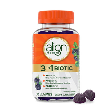 Align Probiotic, 3-in-1 Biotic Gummies, Prebiotic + Probiotic + Postbiotic, #1 Doctor Recommended Probiotic Brand‡, Helps Relieve Occasional Bloating*, BlackBerry Flavor, 50 Gummies Align Au supplements