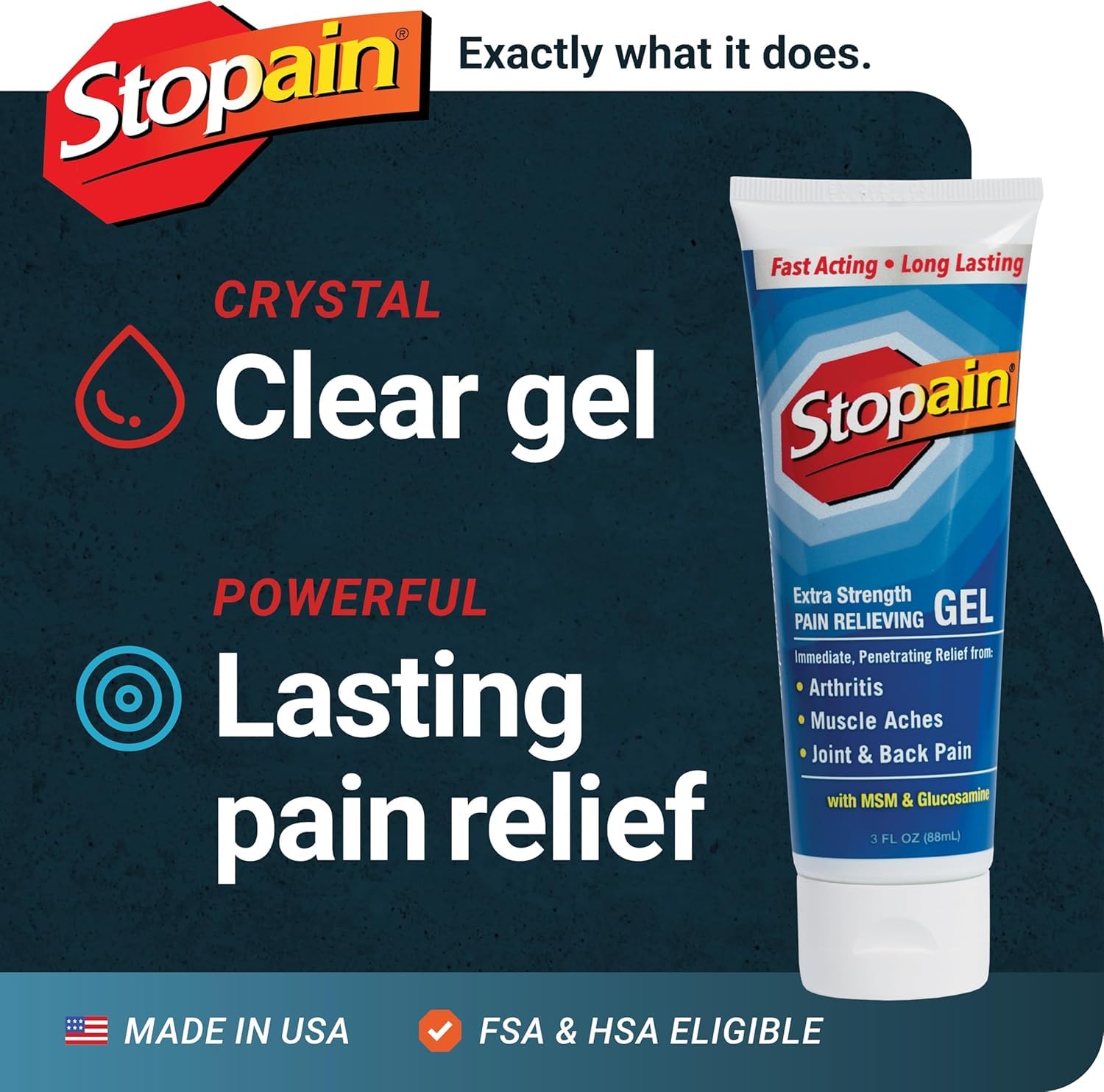 Stopain Pain Relief Gel 3oz USA Made, Max Strength Fast Acting with MSM, Glucosamine, Menthol for Arthritis, Lower Back Sciatica, Knee, Neck, HSA FSA Approved Topical Analgesic Products Stopain Au supplements