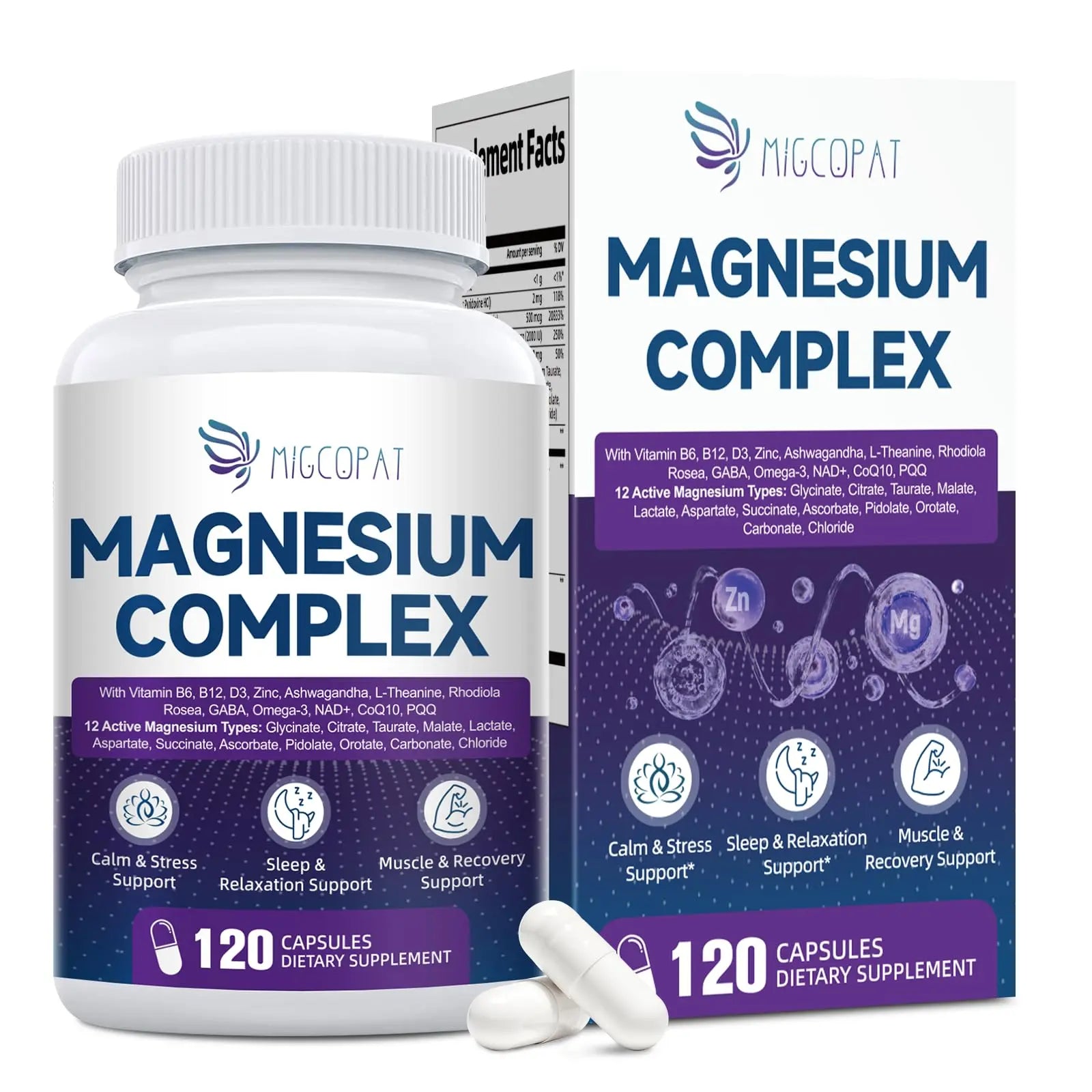 Migcopat Magnesium Complex w/Magnesium Glycinate, Malate, Citrate | 24-in-1 Magnesium Supplement w/Ashwagandha, L-Theanine & NAD+ | Supports Calm, Energy, Muscle & Sleep | Non-GMO, 120 Vegan Caps Migcopat Au supplements