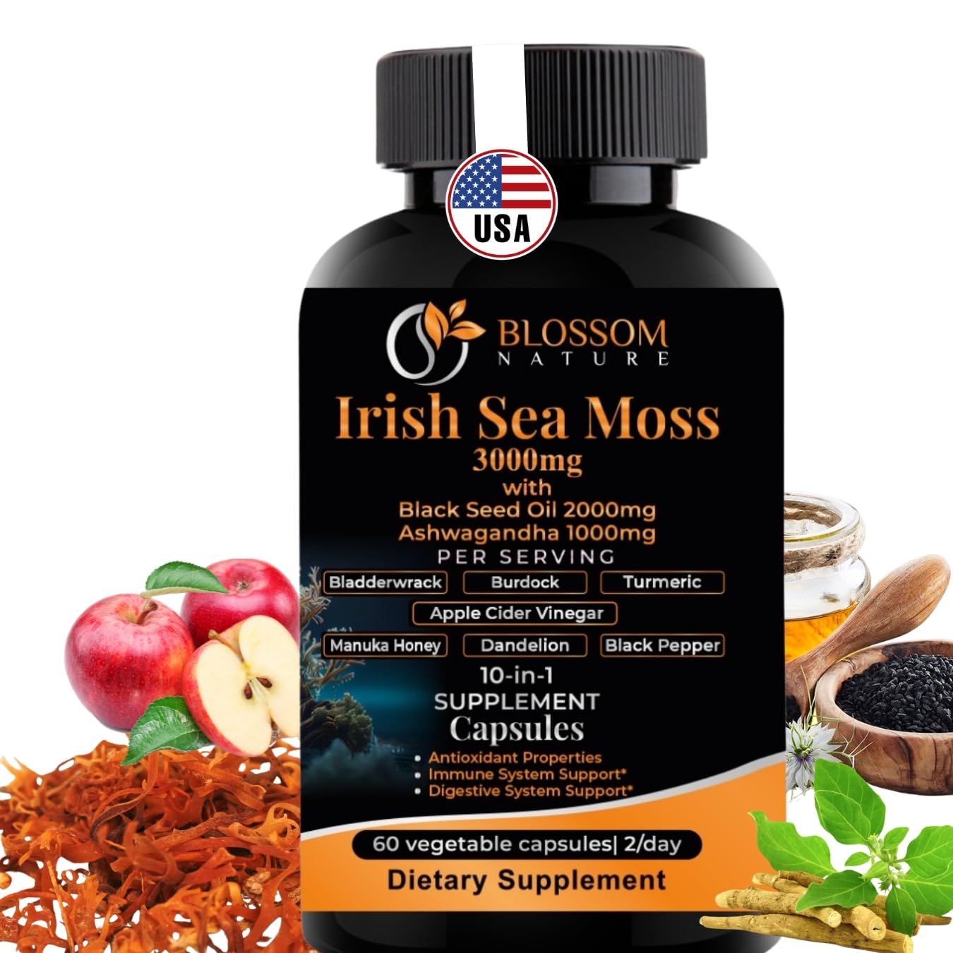 10-in-1 Irish Sea Moss Veggie Caps 3000mg Black Seed Oil Ashwagandha Bladderwrack Burdock Turmeric Apple Cider Vinegar Manuka Honey Dandelion Black Pepper - Made in US(Veggie Caps, Unflavored) Blossom Nature Au supplements