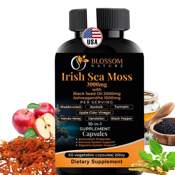 10-in-1 Irish Sea Moss Veggie Caps 3000mg Black Seed Oil Ashwagandha Bladderwrack Burdock Turmeric Apple Cider Vinegar Manuka Honey Dandelion Black Pepper - Made in US(Veggie Caps, Unflavored) Blossom Nature Au supplements