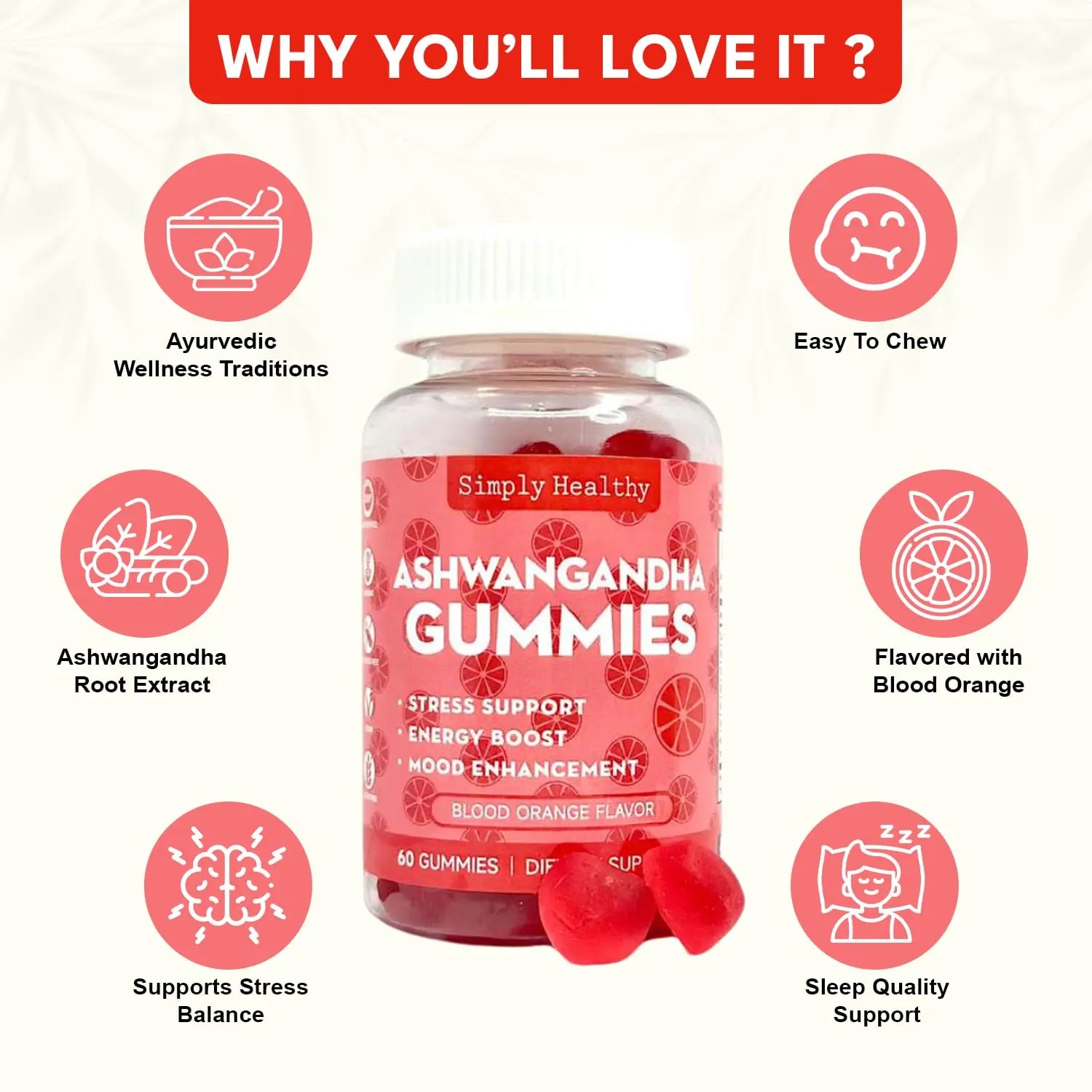 Simply Healthy Premium Ashwagandha Gummies, Stress Support with Blood Orange Flavor, Vegan, Easy to Chew, Daily Aid, Energy Booster, Mood Enhancer, for Both Men and Women, 60 Gummies Simply Healthy Au supplements
