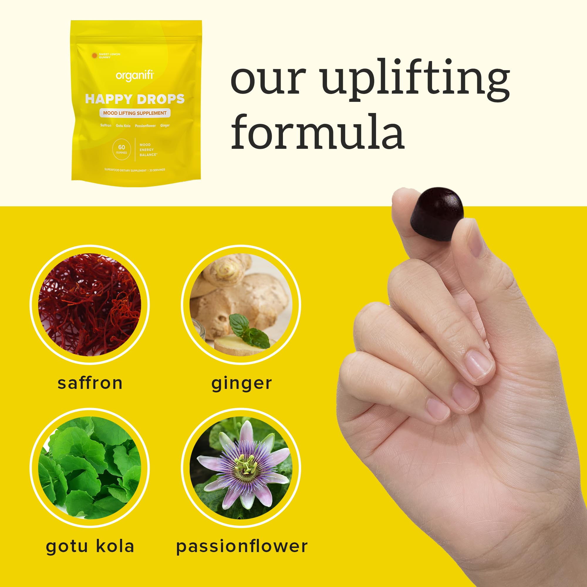 Organifi Happy Drops - Daily Superfood Happy Gummies for Adults - Mood Support Supplement for Balance, Bliss, Energy and Taking the Edge Off - Sweet Lemon Flavor - 60 Gummies Organifi Au supplements