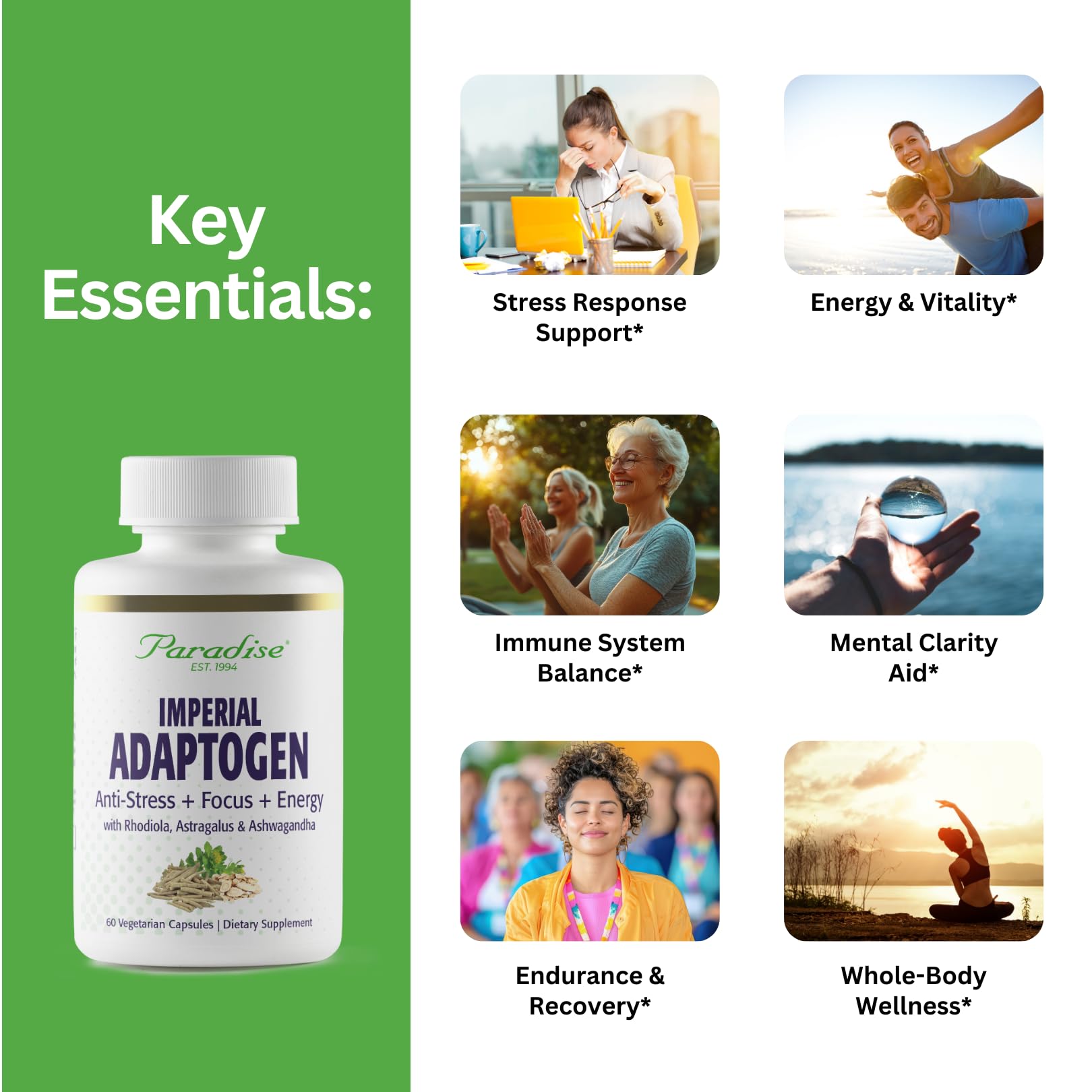 Paradise Herbs, Imperial Adaptogens, with Ashwagandha, Astragalus, Rhodiola, Proprietary Adaptogen Blend for Stress Support, Focus & Energy, 60 Vegetarian Capsules Paradise Herbs Au supplements