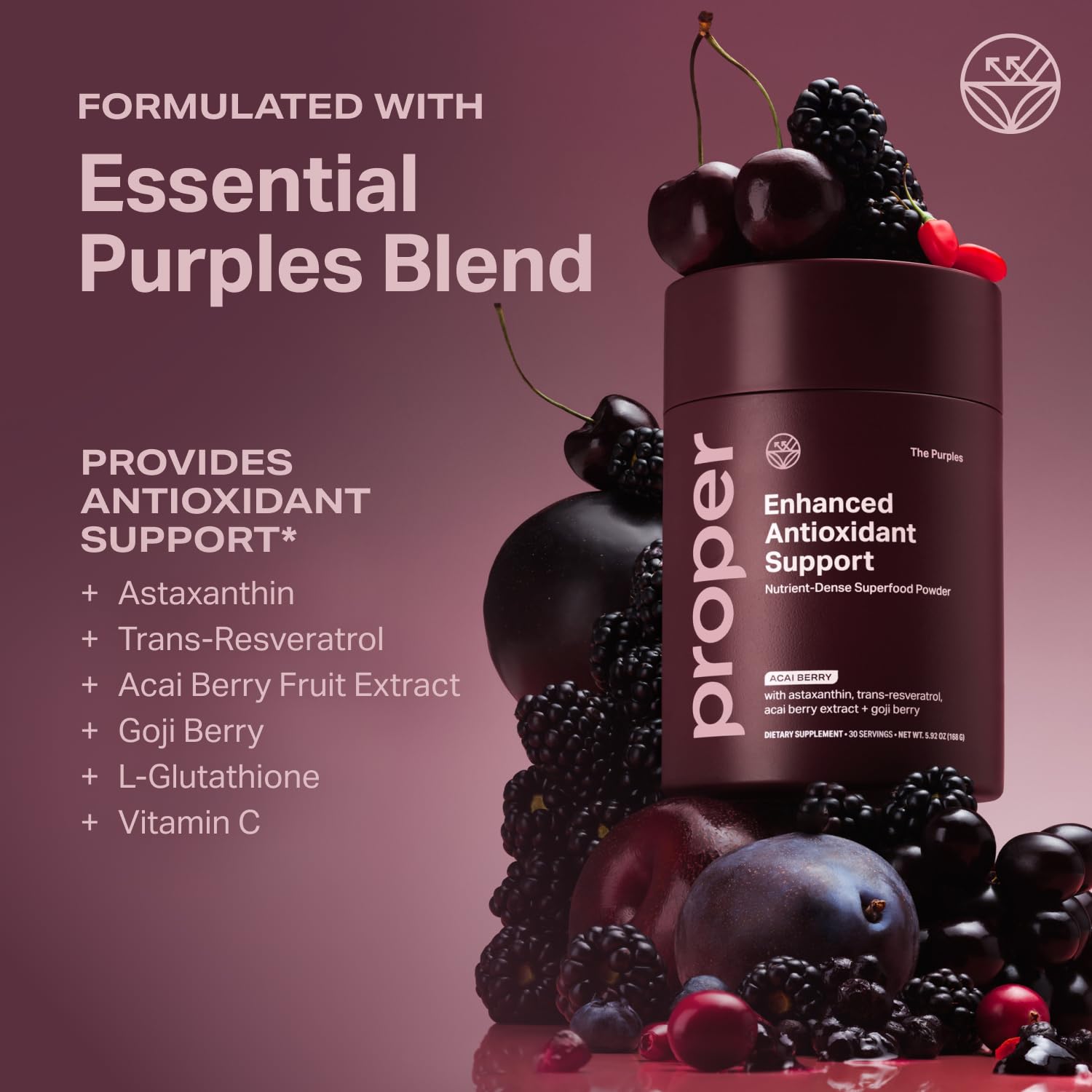 Proper, The Purples Nutrient-Dense Superfood Powder - Antioxidant Supplement and Cellular Support – Acai, Amla, Blueberry, Vitamin C, B Vitamins & More - Enhanced with Prebiotic Fiber & Probiotics Proper Au supplements