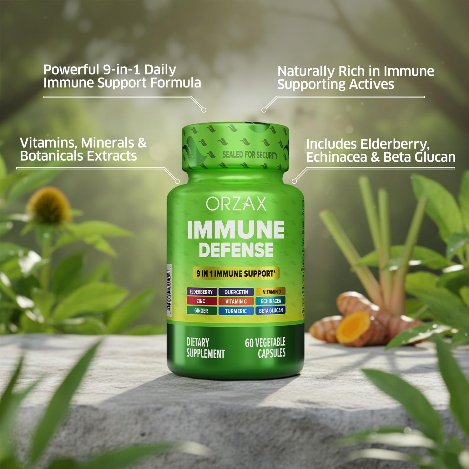 ORZAX 9 in 1 Immune Defense Booster Herbal Supplement, Specialized High Strength Formula - Vitamin C & D, Zinc, Quercetin, Turmeric & Ginger, Echinacea - Non-GMO - 60 Veggie Capsules - 30 Day Supply ORZAX Au supplements