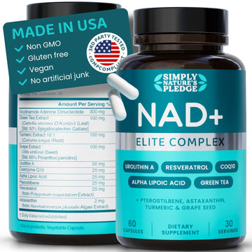 NAD+ Elite Complex – Direct NAD+ 300 mg with Urolithin A, Resveratrol, CoQ10 & Antioxidant Blend – Cellular Energy, Mitochondrial Support & Healthy Aging – Vegan, Non-GMO, 60 Capsules (30 Servings) Simply Nature's Pledge Au supplements