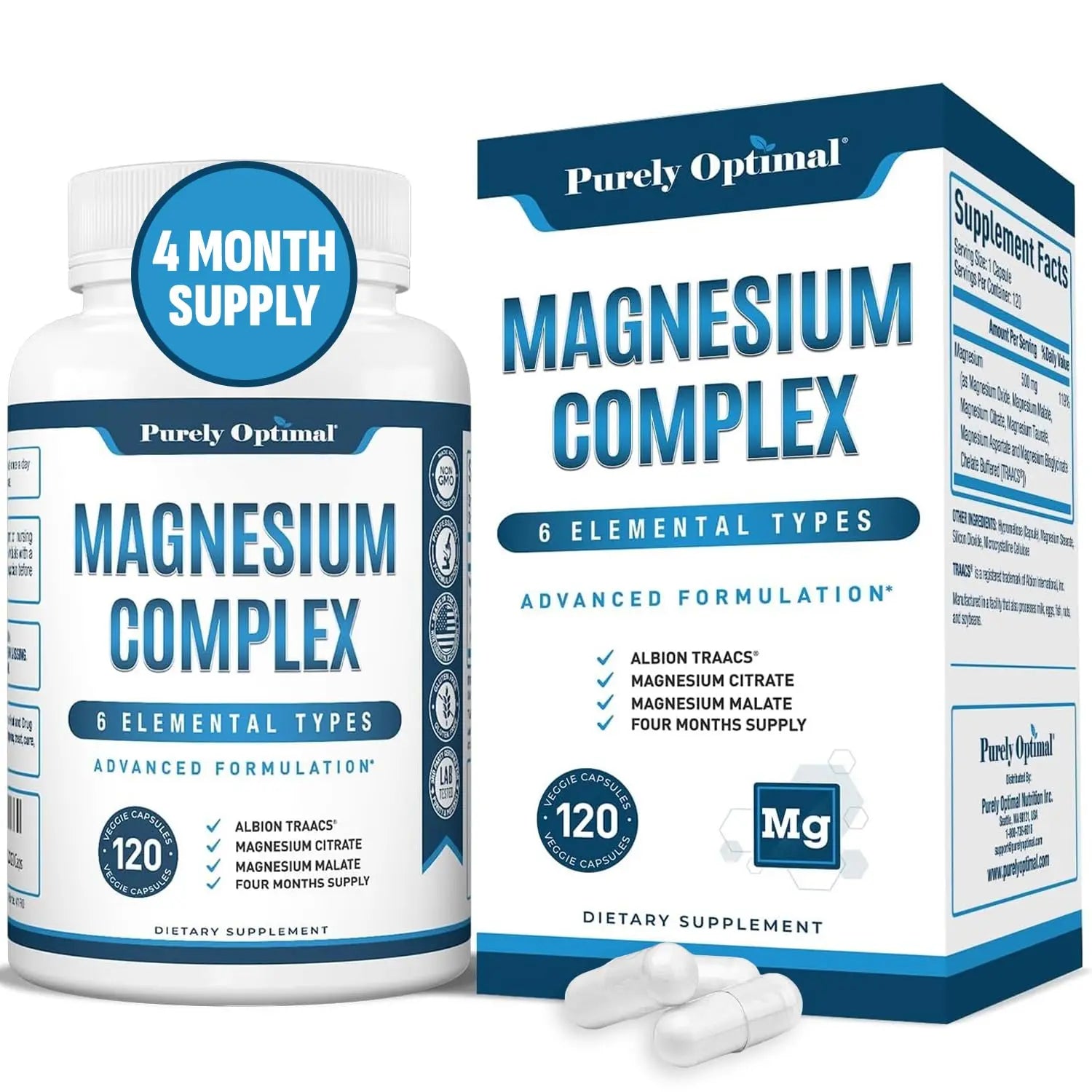 Purely Optimal Magnesium Complex - 6 Forms Magnesium Glycinate, Citrate & Malate - Sleep Support, Stress Relief, Muscles, Heart Health & Relaxation - Magnesium Supplement for Women & Men, 120 Caps Purely Optimal Au supplements