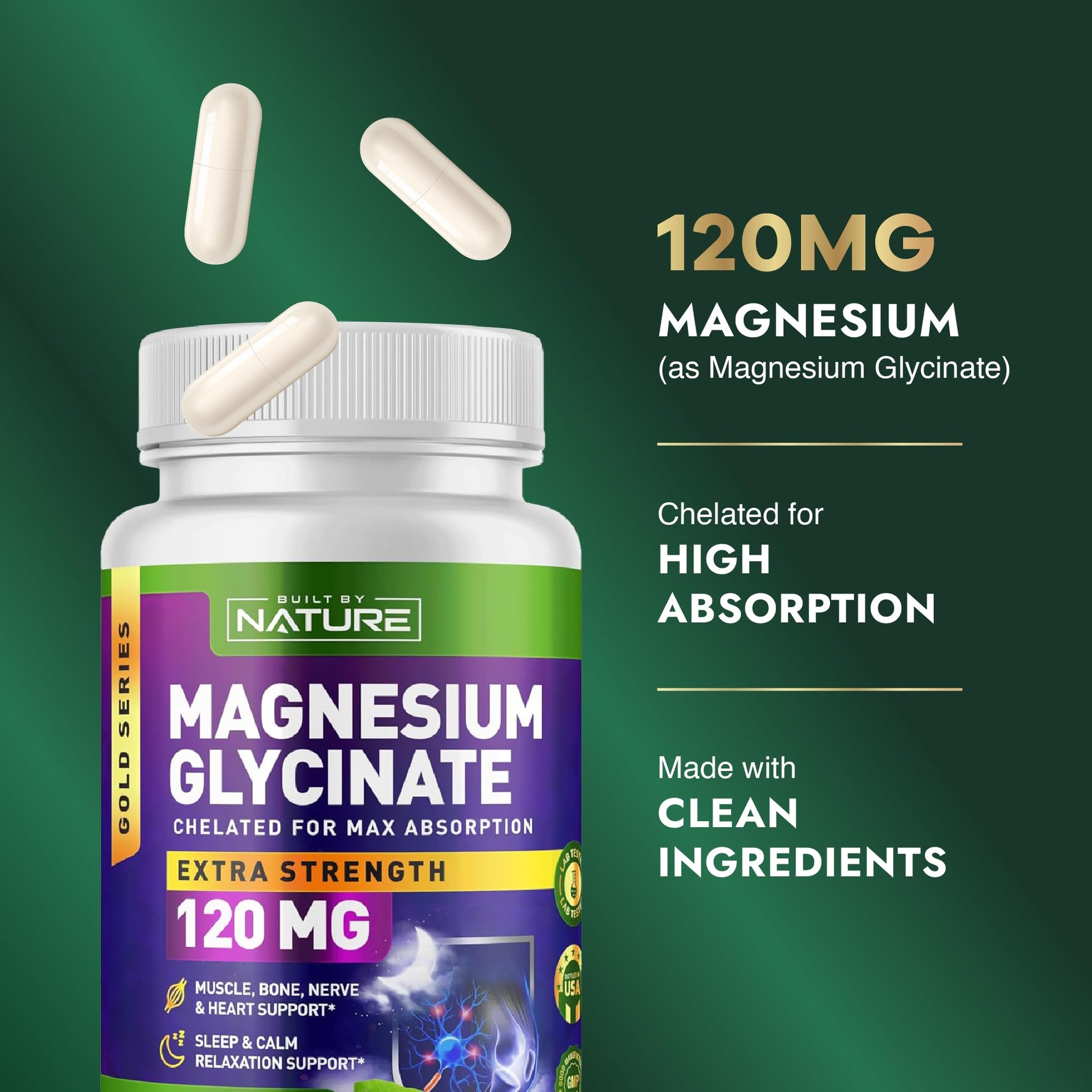 Built By Nature Magnesium Glycinate - Chelated for High Absorption – Supplement to Support Sleep, Muscle, Heart & Nerve Health - 120 mg Magnesium per Serving/Capsule - 90 Capsules Built by Nature Au supplements