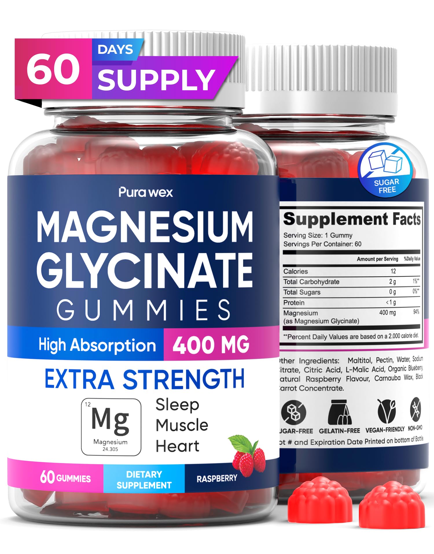 Magnesium Glycinate Gummies 400mg, High Absorption Magnesium Supplement for Women, Men and Kids, Muscle Support and Relaxation, Sugar Free, Vegan, 60 Days Supply PURA WEX NUTRITION Au supplements
