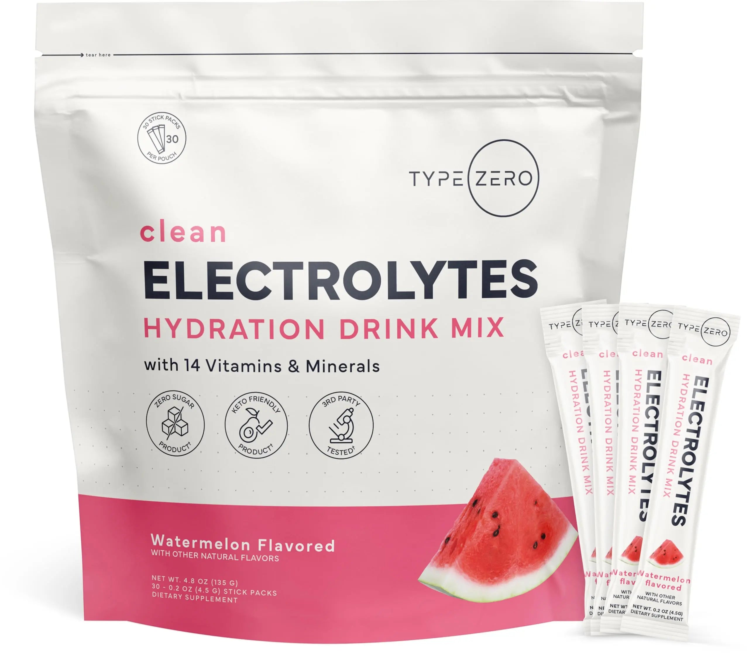 Type Zero Sugar Free Electrolytes Powder Packets + Clean Hydration Powder Stick Packs with 14 Vitamins and Minerals - Watermelon Flavor, 30 Servings Type Zero Au supplements
