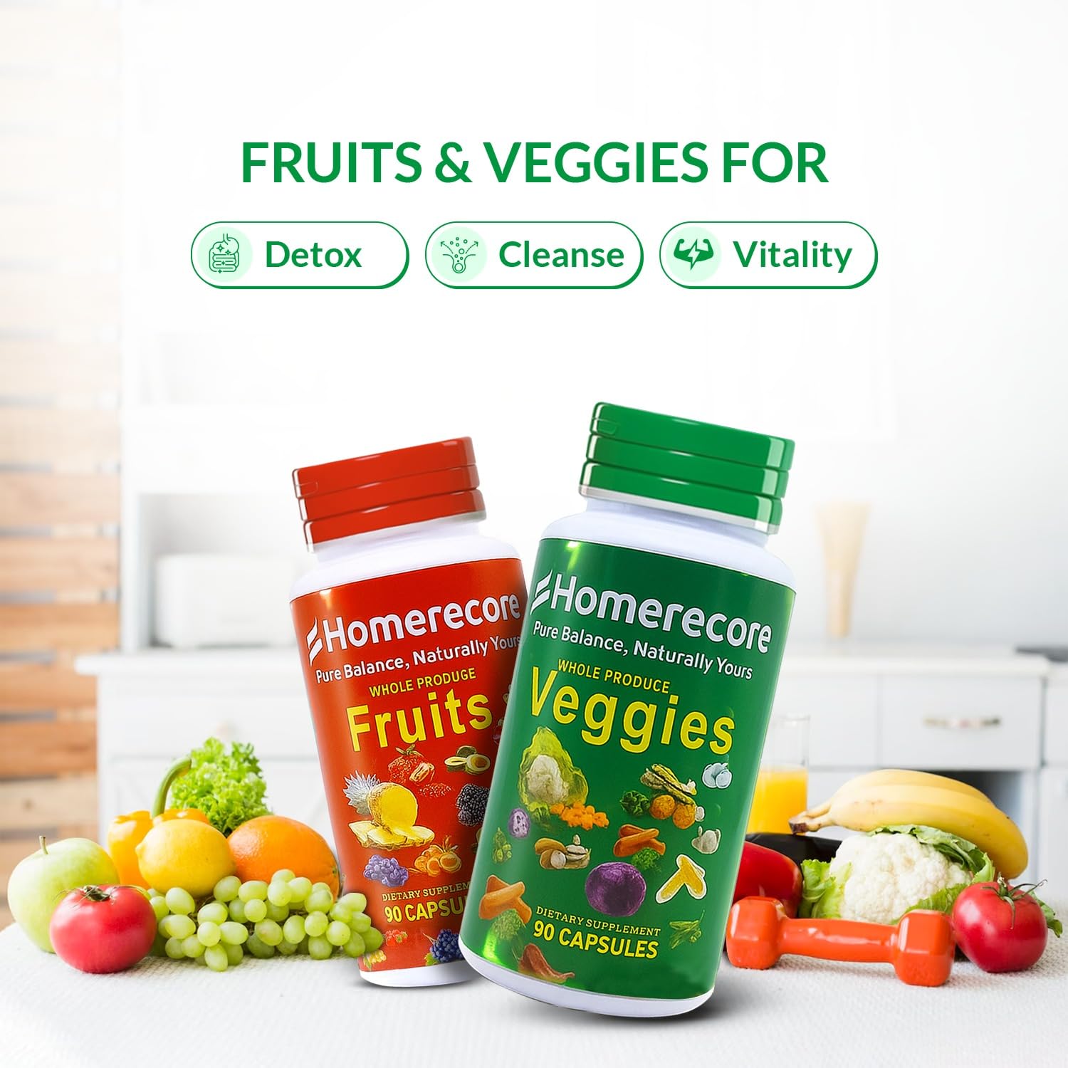 HOMERECORE Whole Food Fruits & Veggies Supplement Plant-Based, Vegan, Gluten-Free, Soy-Free No Fillers Natural Superfoods Boost Energy & Immune System for Men & Women 90 Fruit & 90 Veggie Capsules HOMERECORE Au supplements