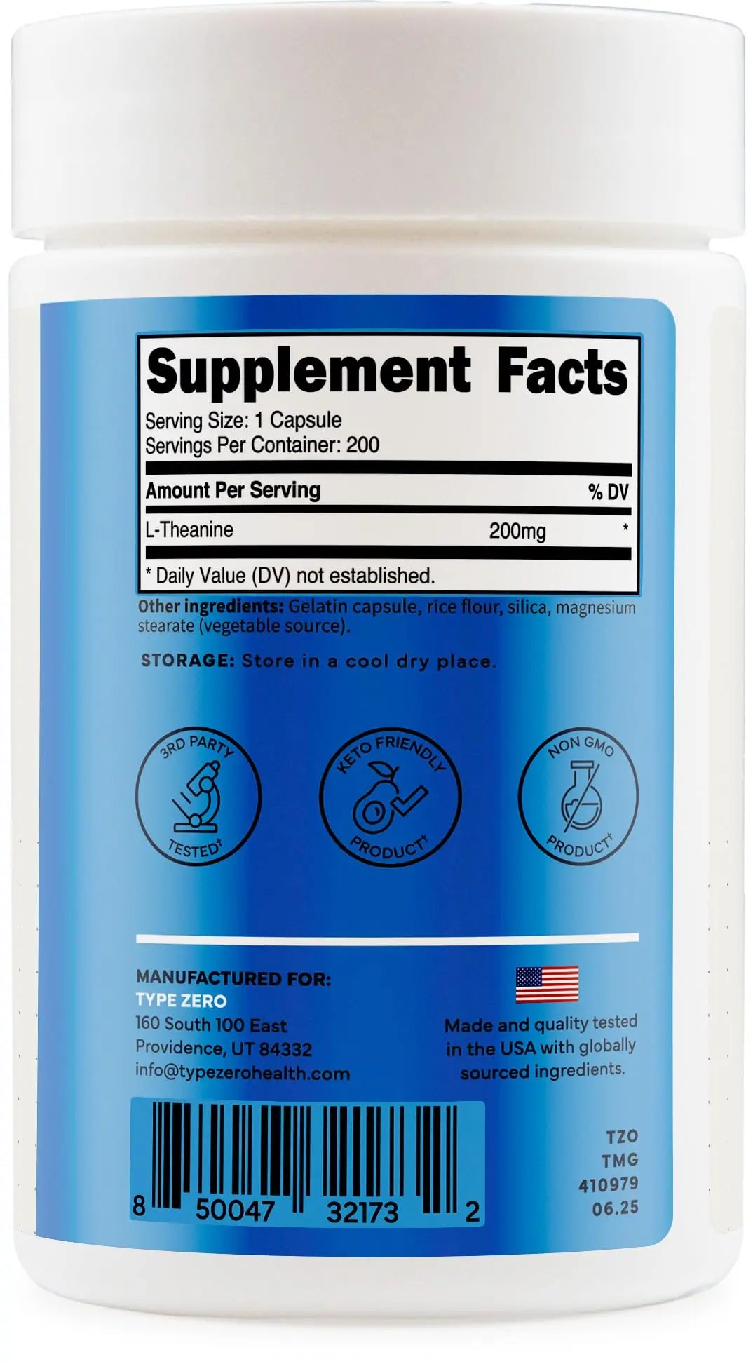 Type Zero L-Theanine (200mg) 200 Capsules - Clean L-Theanine Supplement, Keto, GMO-Free Type Zero Au supplements