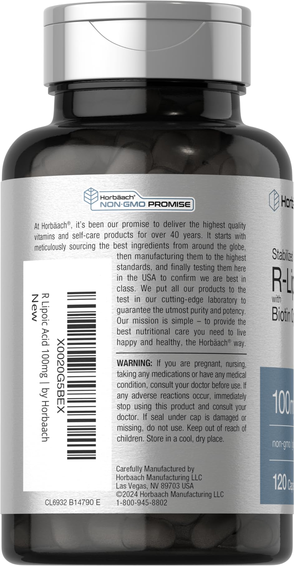 R-Lipoic Acid 100 mg | 120 Capsules | with Biotin Optimizer | Non-GMO, Gluten Free Horbäach Au supplements