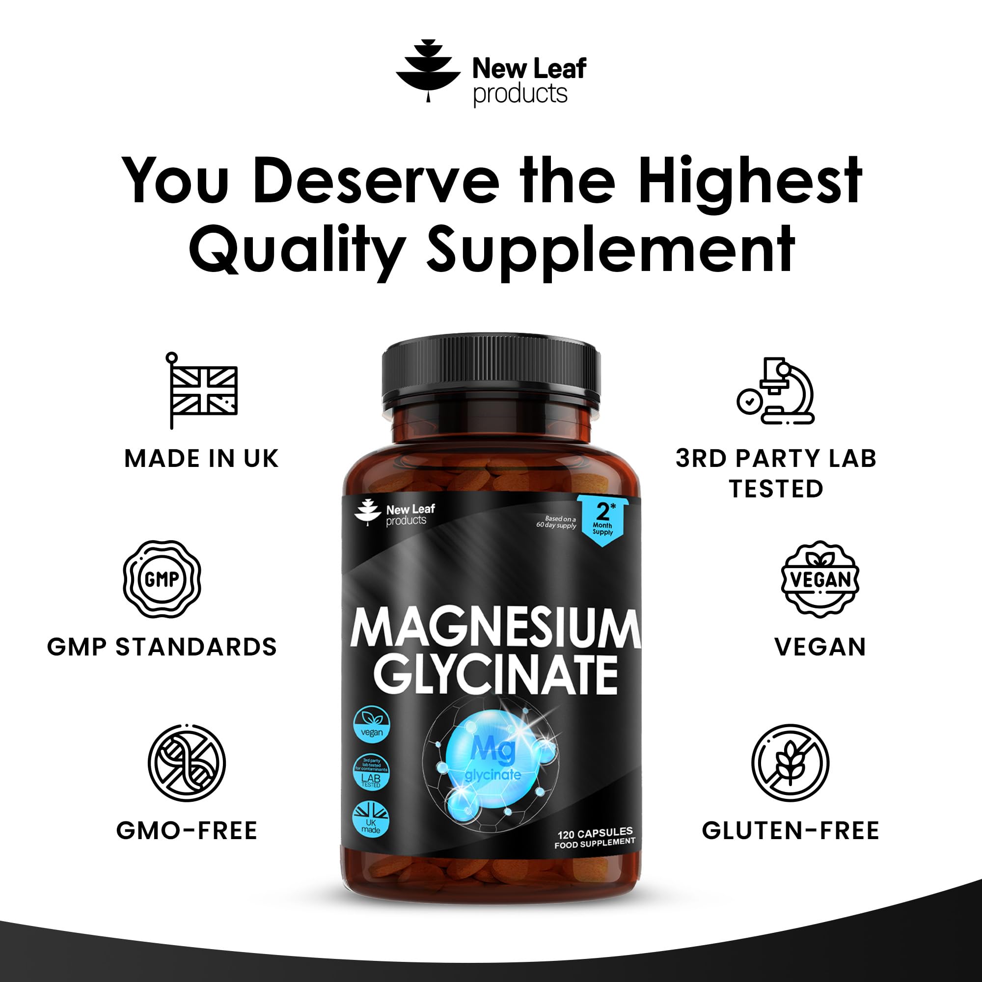 Magnesium Glycinate Supplements - 1040mg of Magnesium - 120 High Strength Capsules NEW LEAF PRODUCTS Au supplements
