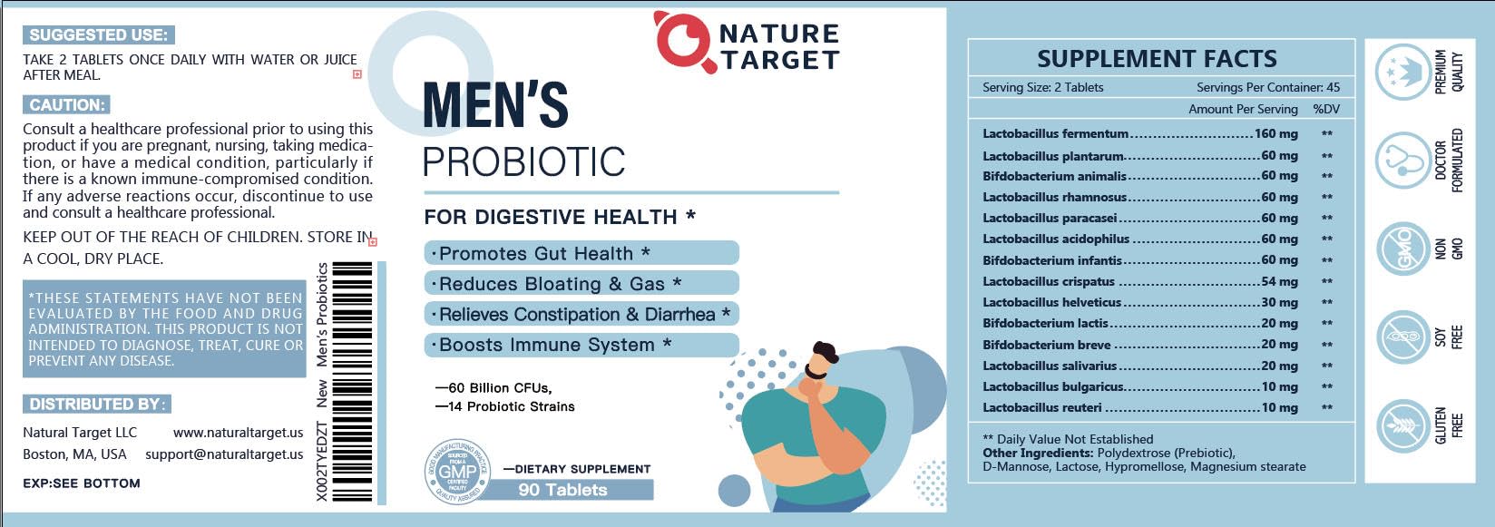 NATURE TARGET Probiotics for Men with Men Care Supplement, Prebiotics & Probiotic for Men's Digestive and Immune Health,60 Billion CFUs & 14 Strains Shelf Stable, Gluten & Soy Free (90 Tablets) NATURE TARGET Au supplements