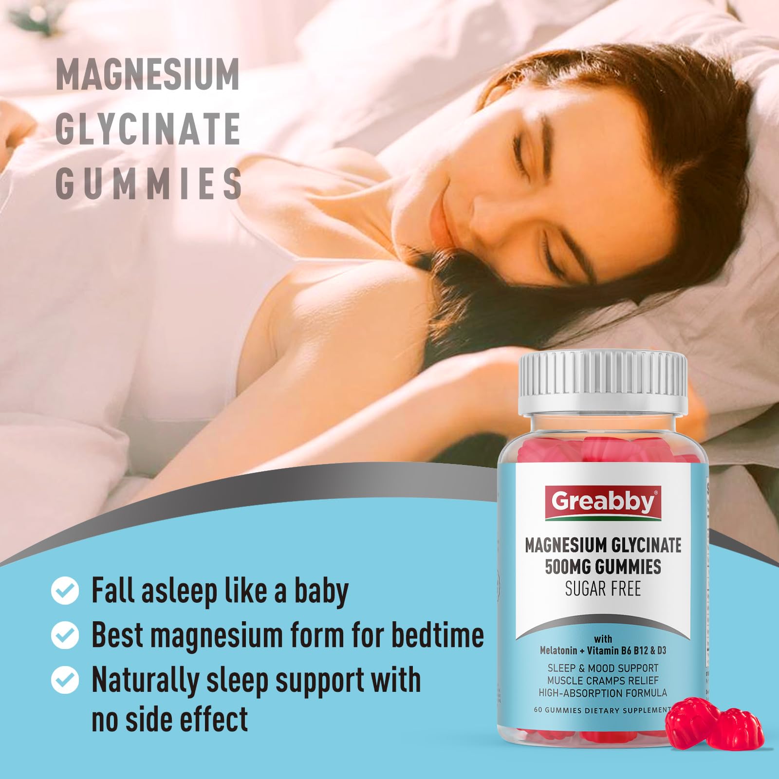 Greabby Magnesium Glycinate Gummies 500mg for Adults Sleep Support, Chewable Magnesium Gummies for Women & Men, Muscle Relief & Magnesium Supply (60 Count) GREABBY Au supplements