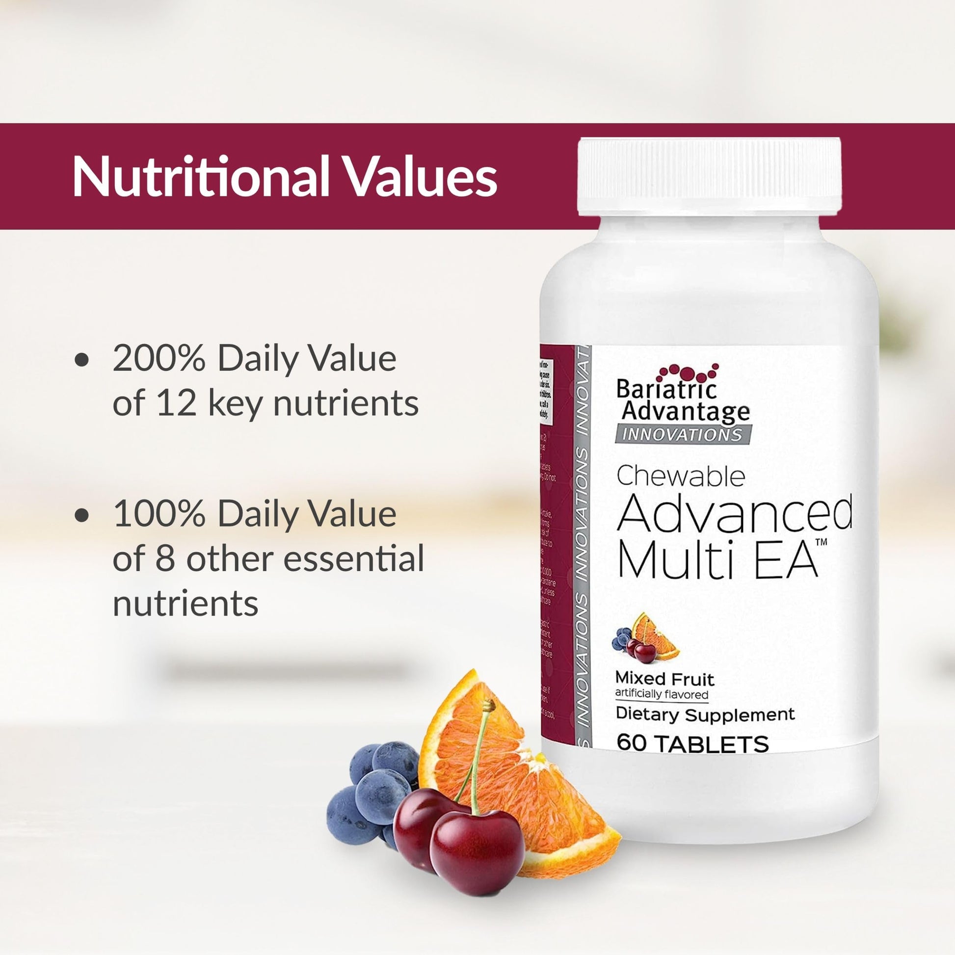 Bariatric Advantage Chewable Advanced Multi EA - High Potency Daily Multivitamin with Iron for Bariatric Surgery Patients - Mixed Fruit Flavor - 60 Count Bariatric Advantage Au supplements