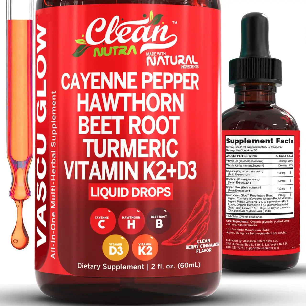 Clean Nutra Cayenne Pepper Drops Supplement Liquid + Hawthorn Berry, Vitamin D3 K2 Beet Root Powder, Ceylon Cinnamon, Turmeric Curcumin, Organic Panax Ginseng, Berberine Extract 1 Pack Clean Nutraceuticals Au supplements