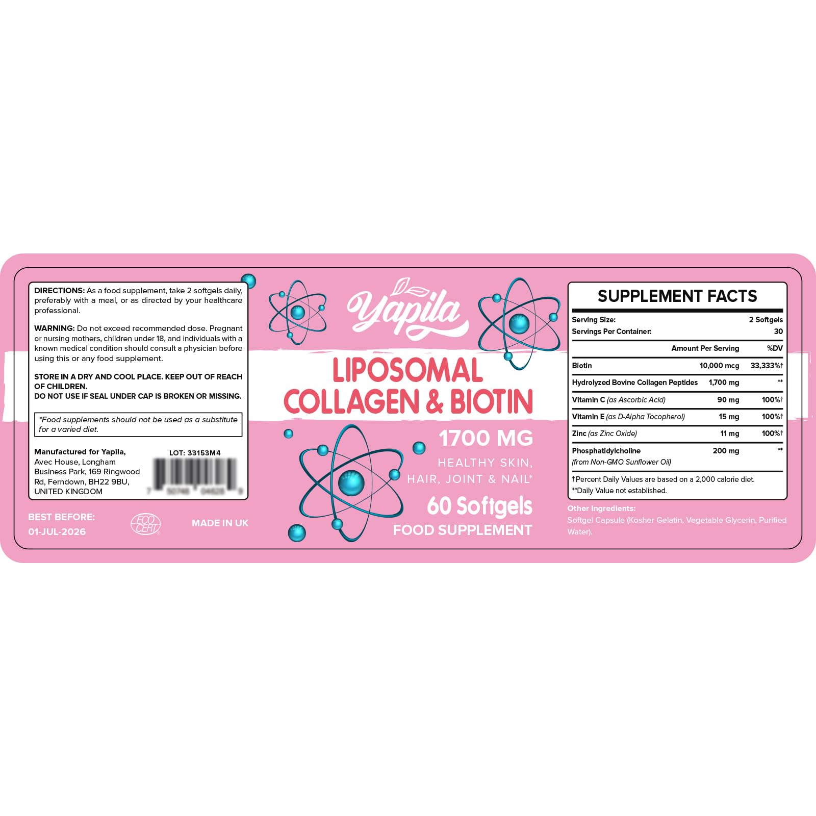 Liposomal Collagen Biotin Capsules, Hydrolyzed Bovine Collagen Peptides 1700 mg, Types 1 & 3 Protein Yapila Au supplements