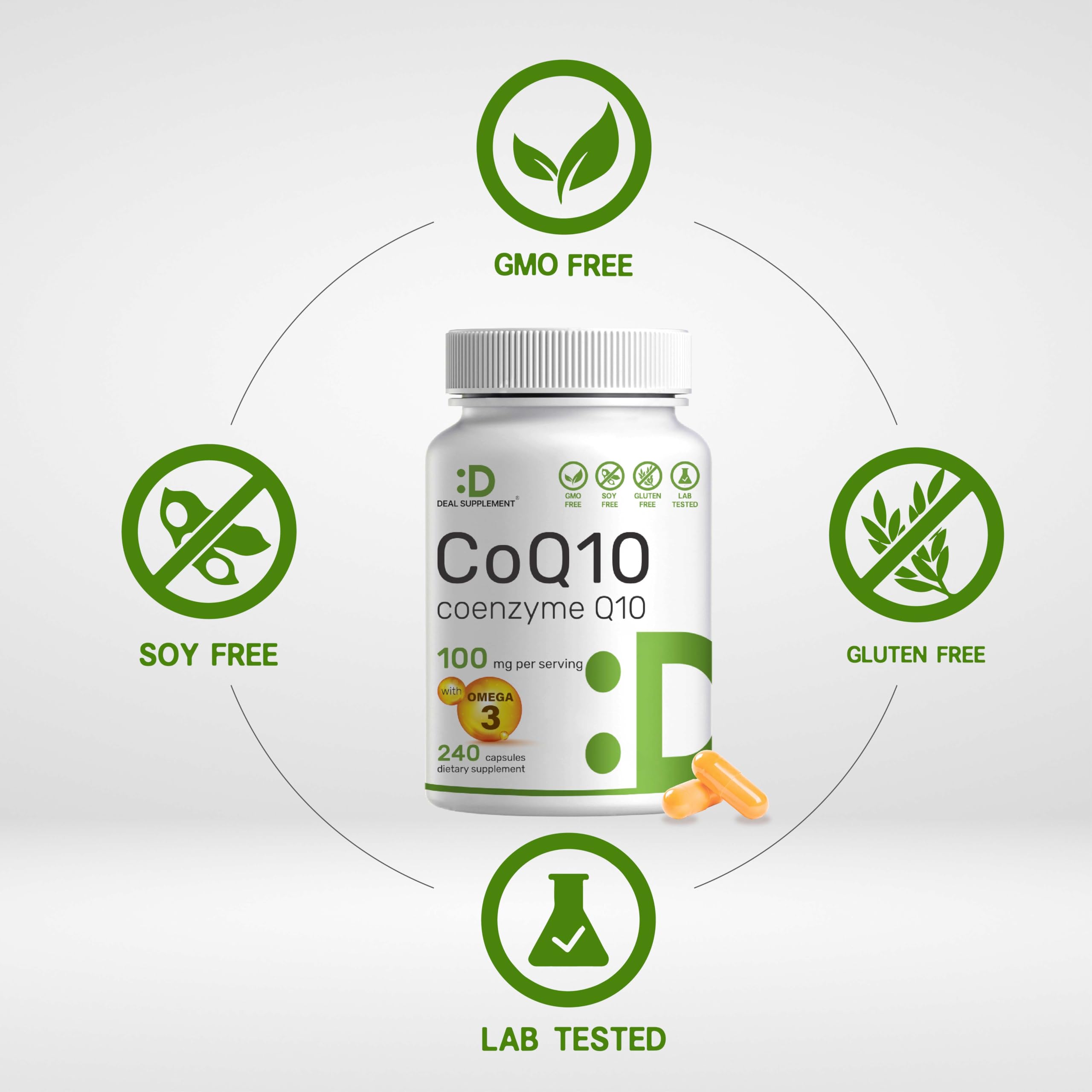 CoQ10 100mg, 240 Capsules – with Omega 3 Fatty Acid 100mg – Bioavailable Coenzyme DEAL SUPPLEMENT Au supplements