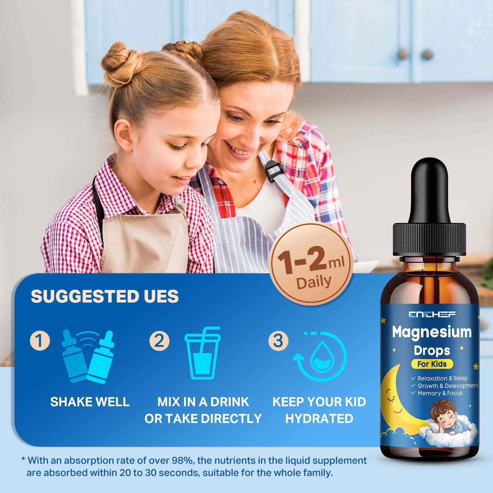 Magnesium Drops - Magnesium Glycinate Liquid Drops for Kids - Calm, Sleep, Relaxation, Bones, Brain Support with Vitamin B6, C, D3, Omega-3, L-Theanine, Zinc, Multivitamins - Strawberry Flavor 2 Fl Oz CNCHEF Au supplements