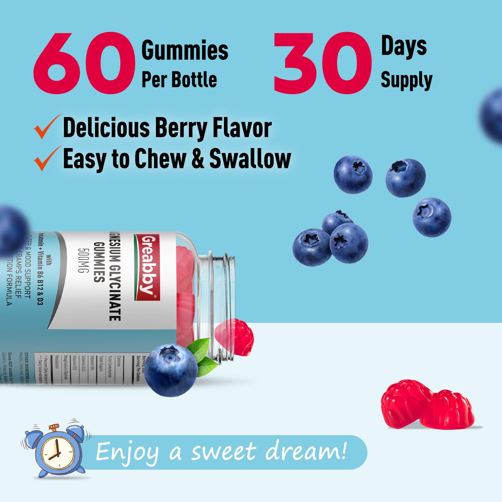 Greabby Magnesium Glycinate Gummies 500mg for Adults Sleep Support, Chewable Magnesium Gummies for Women & Men, Muscle Relief & Magnesium Supply (60 Count) GREABBY Au supplements