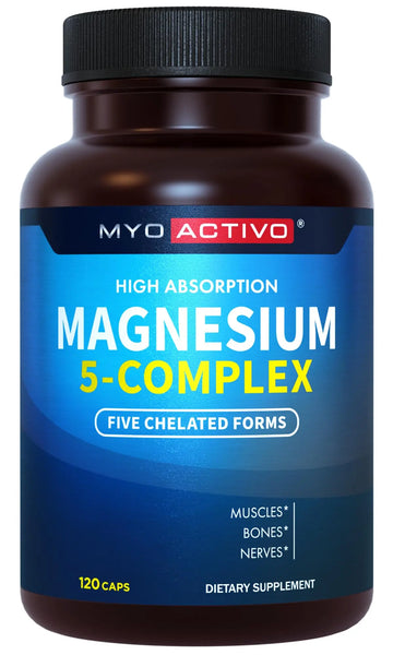 MyoActivo 5-in-1 Magnesium Complex - High Absorption - Chelated Magnesium Glycinate, Malate, Citrate, Taurate, & Aspartate for Nerves, Muscles, Bones | 120 Capsules | Magnesium Supplement MyoActivo Au supplements