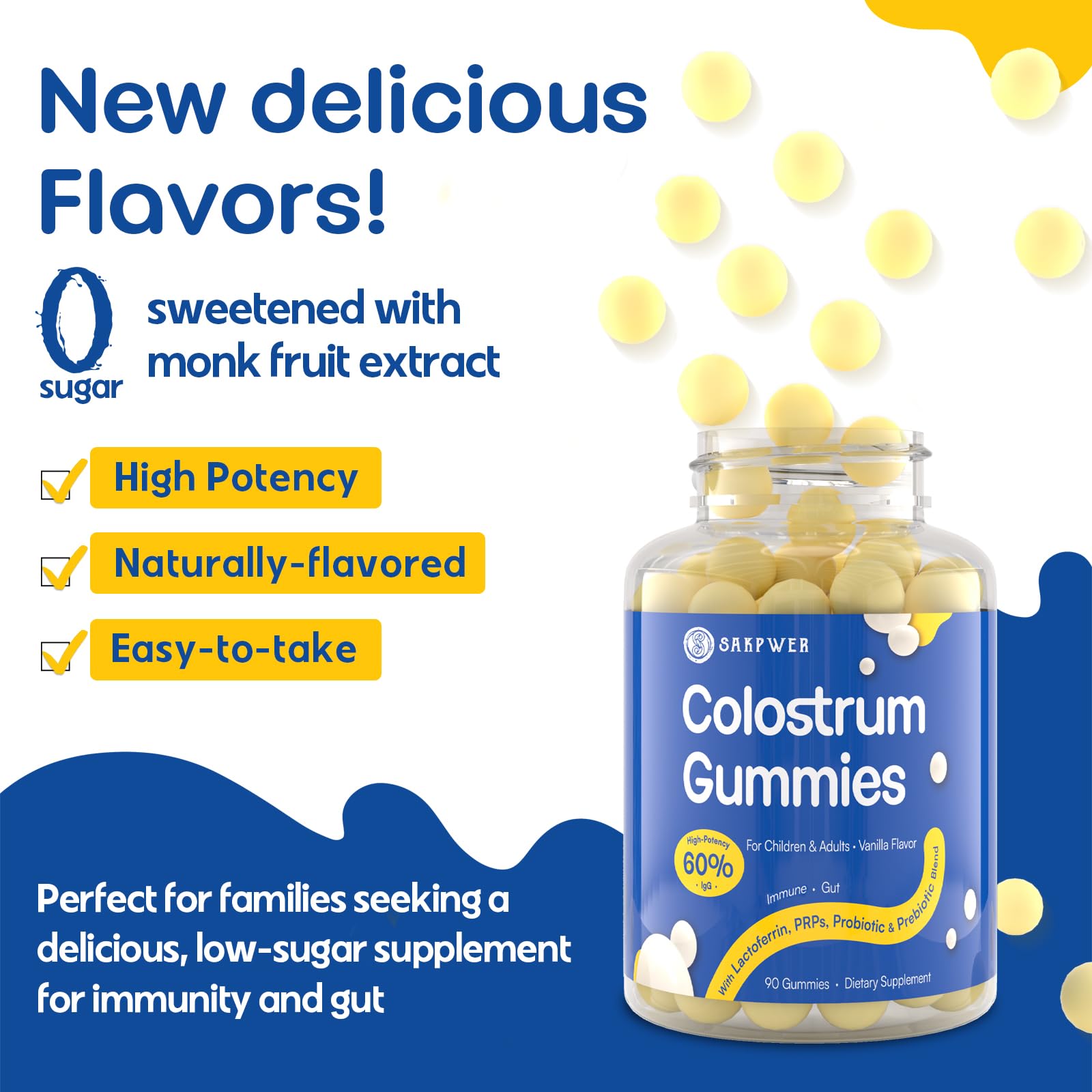 Sakpwer Bovine Colostrum Supplement Gummies - with 60% Highest IgG, Lactoferrin, Probiotics and Prebiotics for Adults and Kids, Vanilla Flavor & Sugar Free, 90 Gummies Sakpwer Au supplements